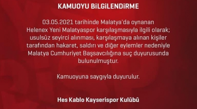 Kayserispor usulsüz seyirci için Cumhuriyet Başsavcılığına başvurdu