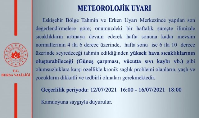 Bursa için sıcaklık uyarısı - Bursa Haberleri