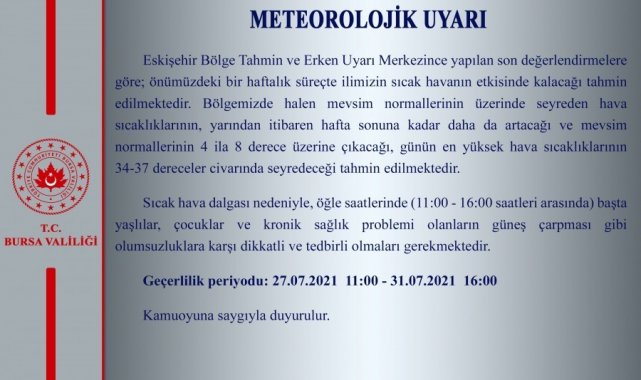 Bursa Valiliği'nden sıcak hava uyarısı - Bursa Haberleri
