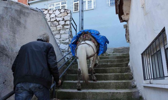 Araçların girmediği mahalleye atıyla yük servisi yapıyor