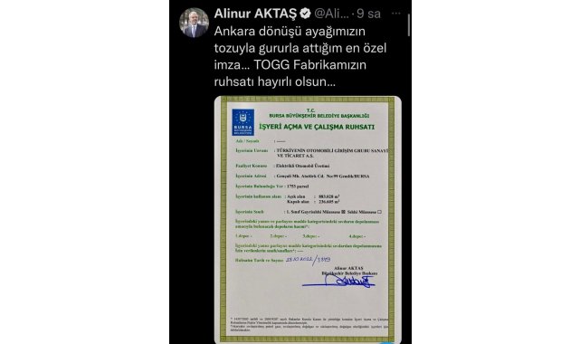 İşte TOGG Otomobil Fabrikası'nın ruhsatı