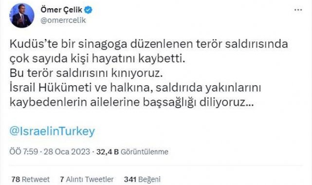 AK Parti'li Çelik'ten İsrail'e başsağlığı mesajı