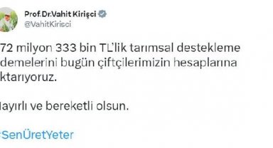 Bakan Kirişci: Tarımsal destekleme ödemeleri bugün çiftçilerin hesaplarına aktarılıyor