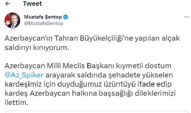 Meclis Başkanı Şentop'tan Azerbaycanlı mevkidaşına taziye telefonu
