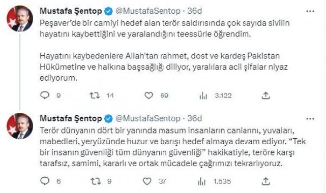 Meclis Başkanı Şentop'tan Pakistan'a başsağlığı mesajı