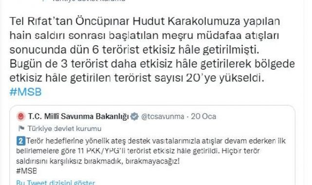 MSB: PKKYPG'li 20 terörist etkisiz hale getirildi