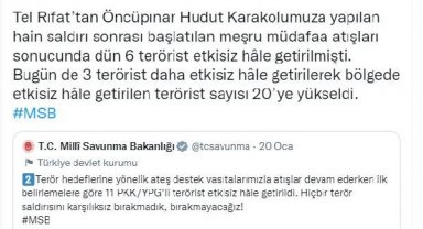 MSB: PKKYPG'li 20 terörist etkisiz hale getirildi