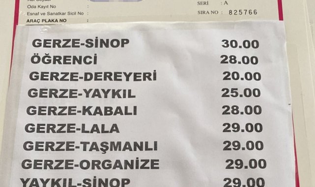 Sinop-Gerze dolmuş tarifesine 5 TL zam