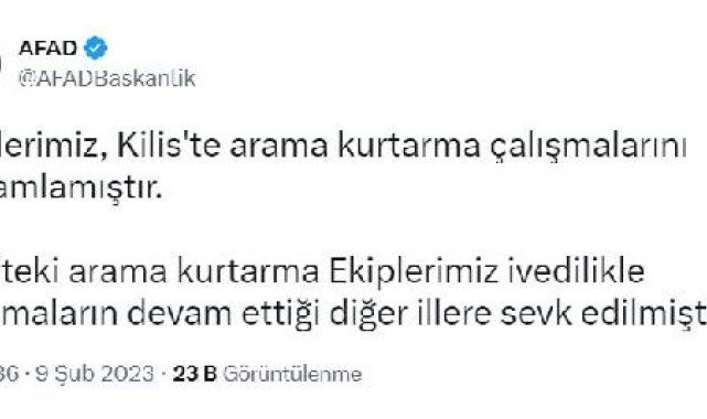 AFAD: Kilis'te arama kurtarma çalışmaları tamamlandı