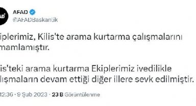 AFAD: Kilis'te arama kurtarma çalışmaları tamamlandı