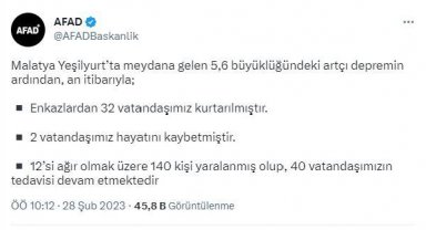 AFAD: Malatya depreminde 2 kişi hayatını kaybetti, 140 kişi yaralandı
