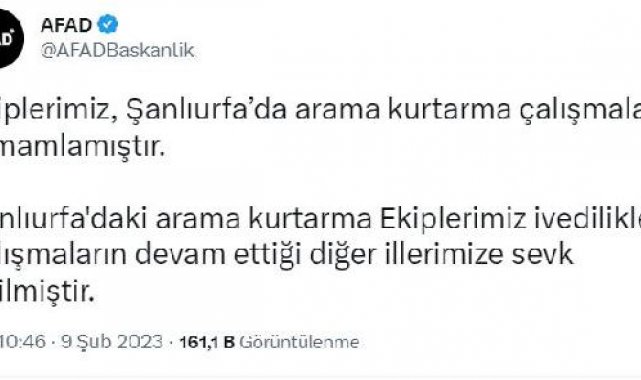 AFAD: Şanlıurfa'da arama kurtarma çalışmaları tamamlandı
