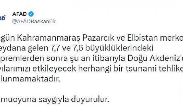AFAD: Tsunami tehlikesi yok