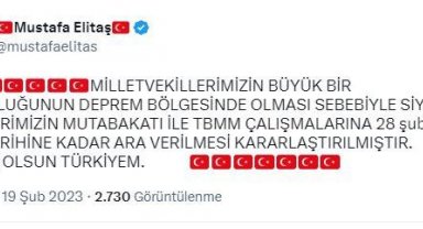 AK Parti'li Elitaş: TBMM çalışmalarına 28 Şubat'a kadar ara verildi