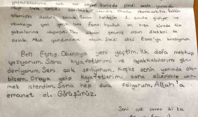 Akyurtlu iki kız kardeşten depremzedelere duygu dolu mektup
