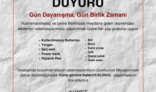 Alaşehir Belediyesi depremzedeler için yardım kampanyası başlattı