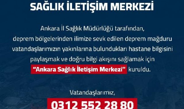 Ankara'da depremzedeler için 'sağlık iletişim merkezi' kuruldu
