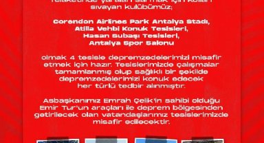Antalyaspor, 4 tesisini depremzedelere açtı