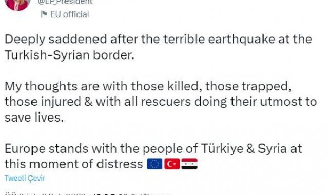Avrupa Parlamentosu Başkanı: Avrupa bu sıkıntılı anda Türkiye ve Suriye halkının yanında