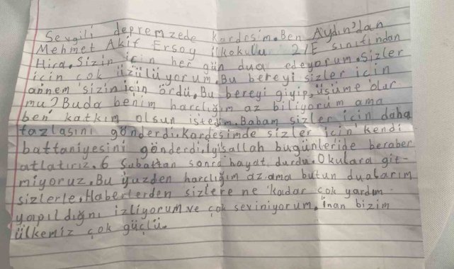 Aydınlı ilkokul öğrencisinden duygulandıran not: "Bu bereyi giyip, üşüme olur mu?"