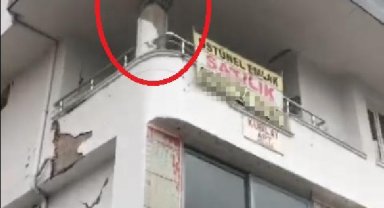 Baba ve oğlunun öldüğü yarısı yıkılan apartmanın, ilk depremdeki hasarlı hali kamerada