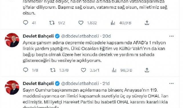 Bahçeli'den AFAD'a 1 milyon TL bağış