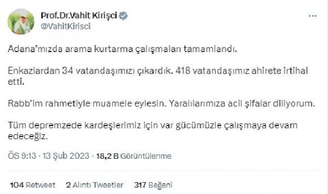 Bakan Kirişci: Adana'da arama-kurtarma çalışmaları tamamlandı