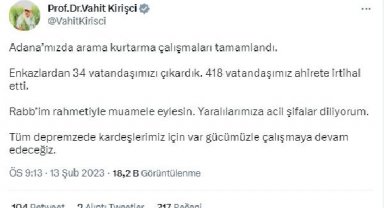 Bakan Kirişci: Adana'da arama-kurtarma çalışmaları tamamlandı