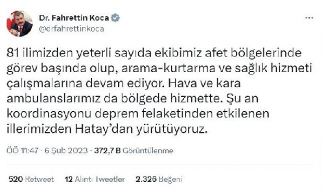 Bakan Koca: Hava ve kara ambulanslarımız bölgede hizmette