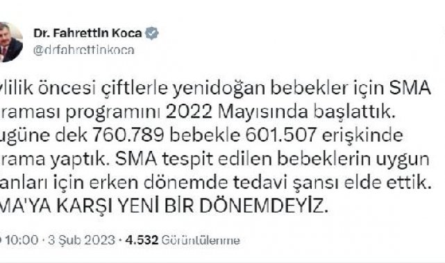 Bakan Koca: SMA taramasıyla erken dönemde tedavi şansı elde ettik