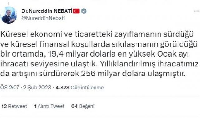 Bakan Nebati: En yüksek ocak ayı ihracatı seviyesine ulaştık