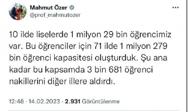 Bakan Özer: 71 ilde 1 milyon 279 bin öğrenci kapasitesi oluşturduk