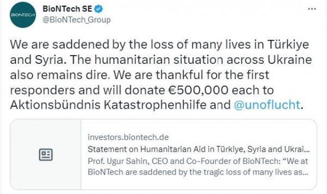 BioNTech'ten 2 kuruluşa toplam 1 milyon euro deprem yardımı