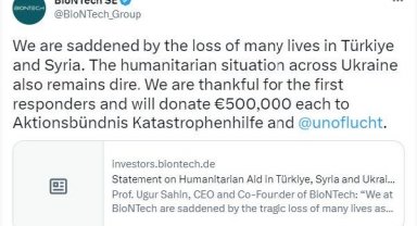 BioNTech'ten 2 kuruluşa toplam 1 milyon euro deprem yardımı