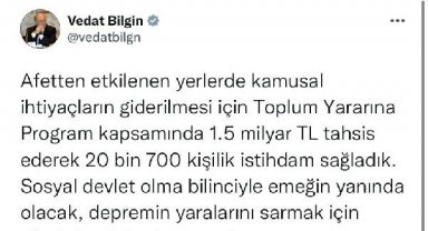Deprem bölgesine kamu ihtiyaçları için 1,5 milyar TL