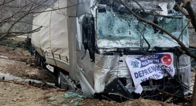 Deprem bölgesine yardım götüren TIR ağaçlara çarptı: 1 yaralı