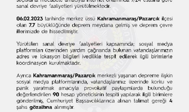 EGM: Provokatif paylaşım yapan 4 şüpheli gözaltına alındı