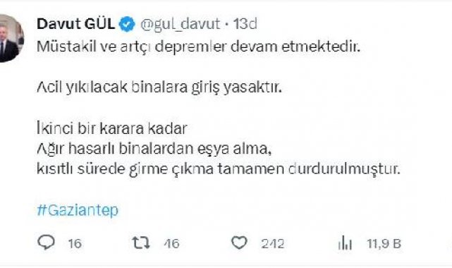 Gaziantep'te ağır hasarlı binalardan eşya alımı durduruldu