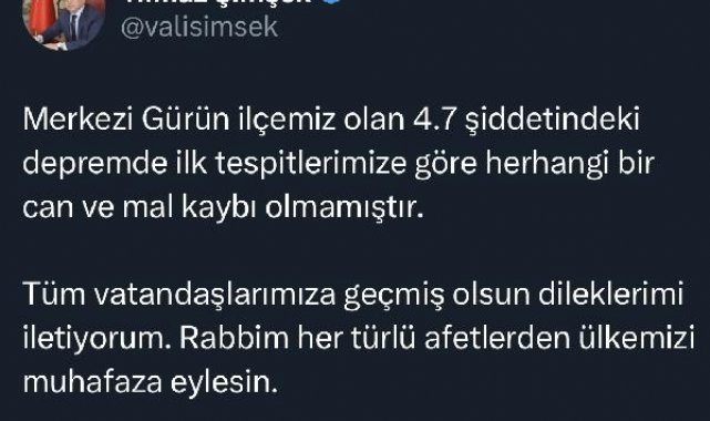 Gürün'de 4.7 büyüklüğünde deprem