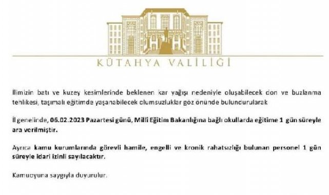 Kütahya'da okullara 1 gün ara verildi