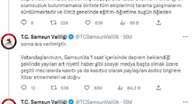 Samsun Valiliği'nden sosyal medyada deprem söylentisine açıklama