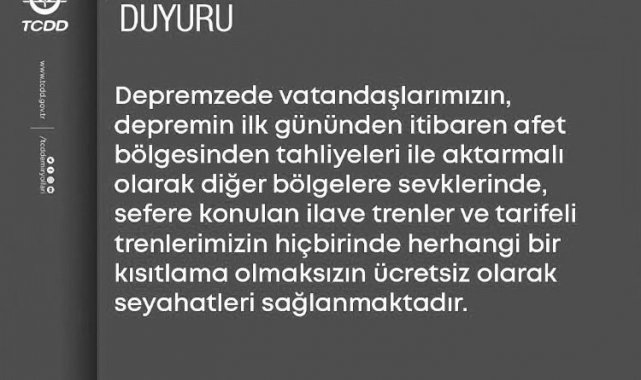 TCDD depremzedelerin tahliyesini ücretsiz yapacak