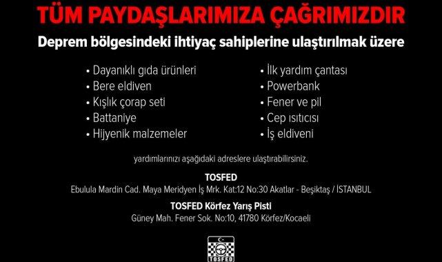 TOSFED, depremzedeler için yardım çağrısında bulundu