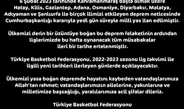 Türkiye Basketbol Federasyonu, maçların ertelendiğini duyurdu