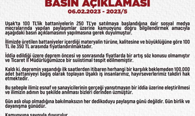 Uşak Valiliği "Uşak Battaniyesi'ne zam" haberlerini yalanladı