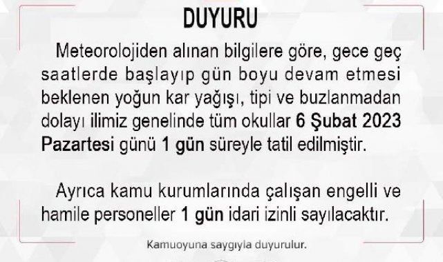 Yozgat'ta eğitime 1 gün ara verildi