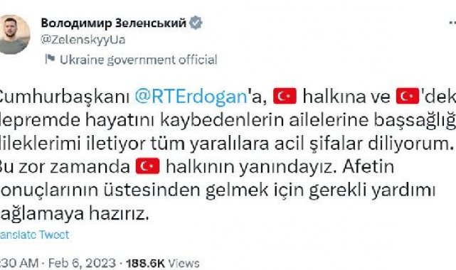 Zelenski: Türk halkının yanındayız