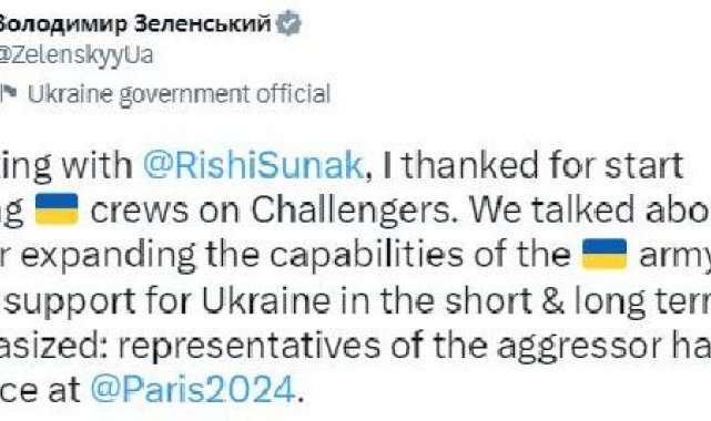 Zelenski'den Sunak'a 'tank eğitimi' teşekkürü