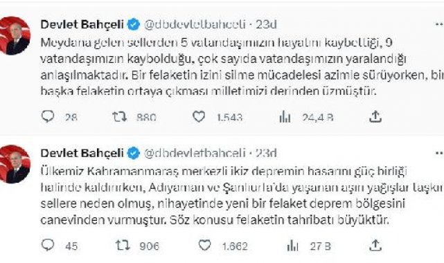 Bahçeli: Hiçbir felaket tarihi yürüyüşümüzü sekteye uğratamayacak