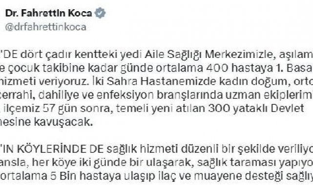Bakan Koca: Defne, 57 gün sonra 300 yataklı devlet hastanesine kavuşacak